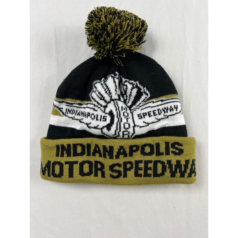 Indianapolis Motor Speedway Beanie Men OS Black Gold Winged Logo Pom Hat